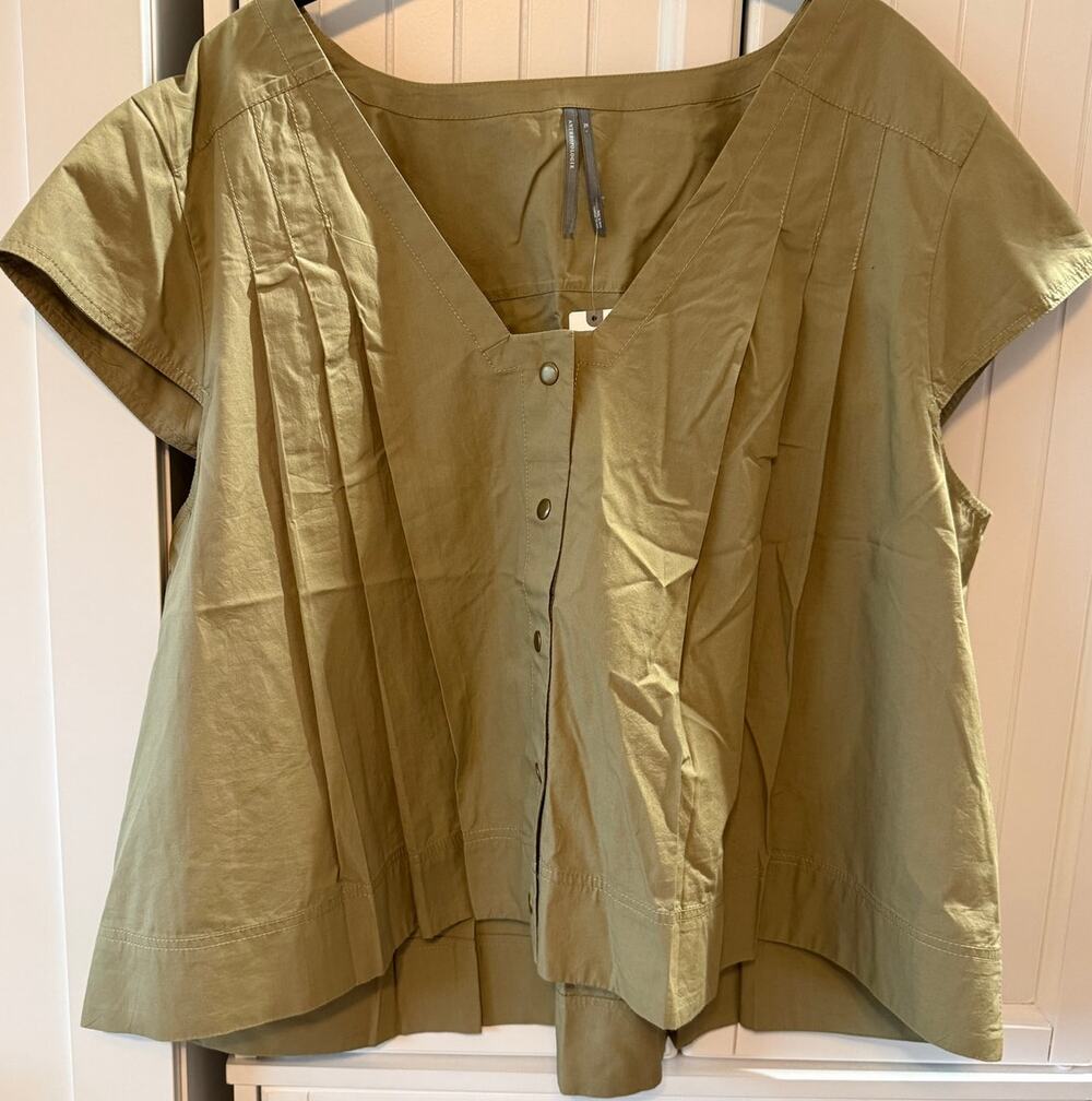 Anthropologie Olive Green Pleated Snap Front Swing Blouse Top sz XL NWT